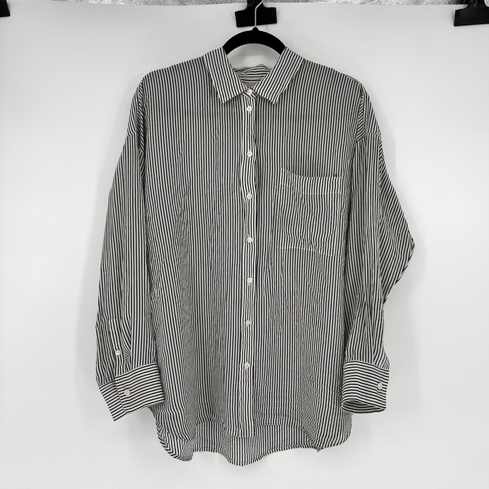 Everlane 100% Silk Black White Striped Button Up Pocket Blouse Boxy Chic 14 FLAW